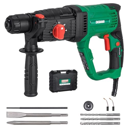 Deshuo 1" SDS-Plus Lightweight Rotary Hammer Drill, 9 Amp 4 Functions Corded Variable Speed Rotomartillo with Safety Clutch for Concrete, Includes 3 Drill Bits,2 Chisels,Carrying Case