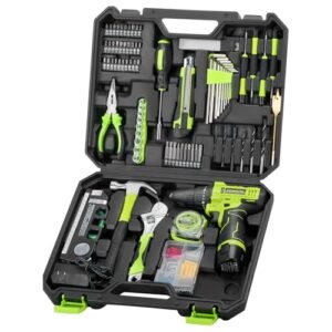POWKITS Cordless Drill Tool Set: 12V Power Drill Tool Kit with Battery & Charger, 142Pcs Home Hand Repair Tools Box, Portable Household Basic Drills Case for Men & Women, Green