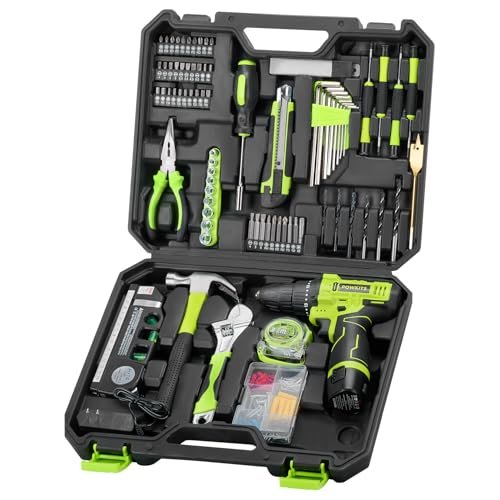 POWKITS Cordless Drill Tool Set: 12V Power Drill Tool Kit with Battery & Charger, 142Pcs Home Hand Repair Tools Box, Portable Household Basic Drills Case for Men & Women, Green