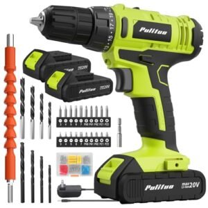 PULITUO'S 20V Cordless Drill/Driver, Electric Screwdriver - 2 Batteries, 30Nm, 21+1 Torque, 2 Speed, Keyless 3/8" Chase Drill with LED Light, Kit for Home (Green)