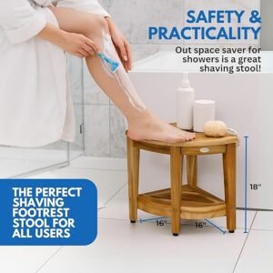 EcoDecors Teak Shower Bench with Shelf – Waterproof Corner Shower Stool